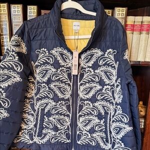 NIC+ZOE Navy Quilted Puffer Jacket with White Embroidered Motif